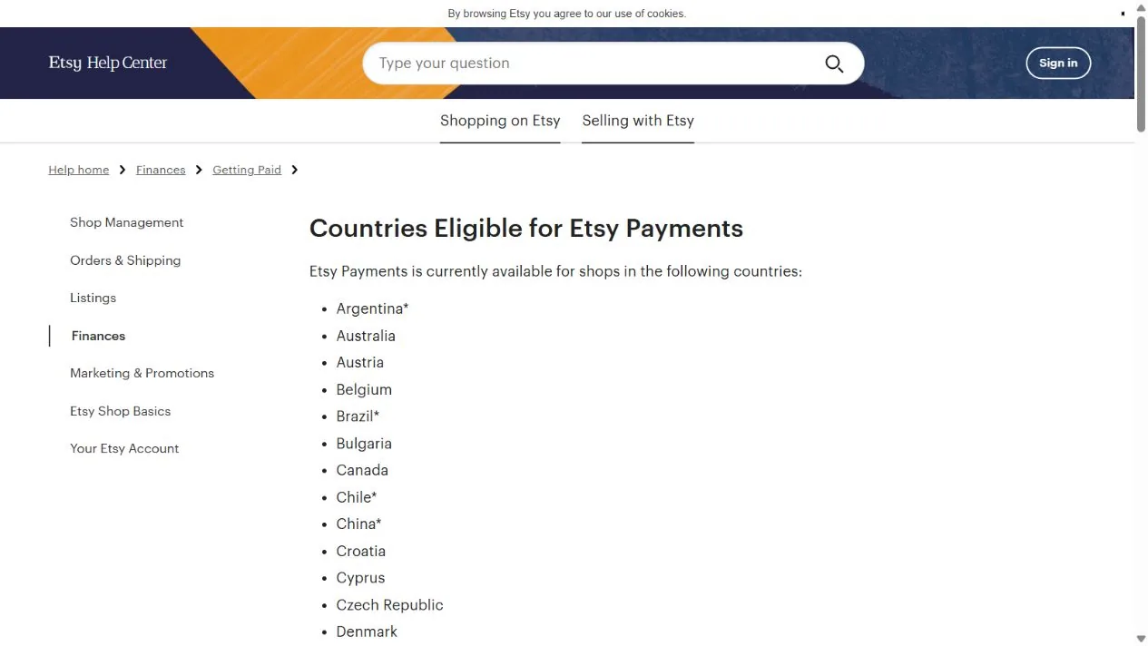 لقطة من مركز مساعدة Etsy تعرض أن خدمة المدفوعات متاحة لمتاجر في بلدان محددة