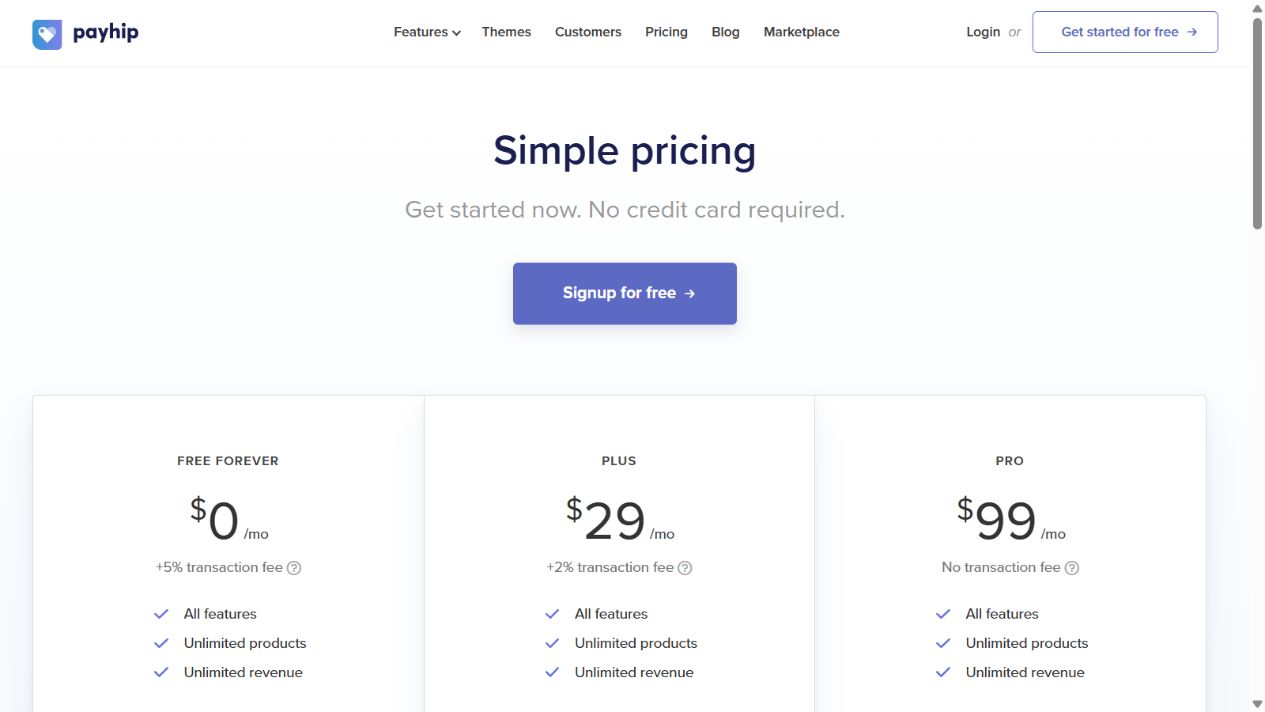 صفحة الأسعار الرسمية في Payhip تعرض خطة مجانية بسعر صفر شهريًا ورسوم معاملة 5%