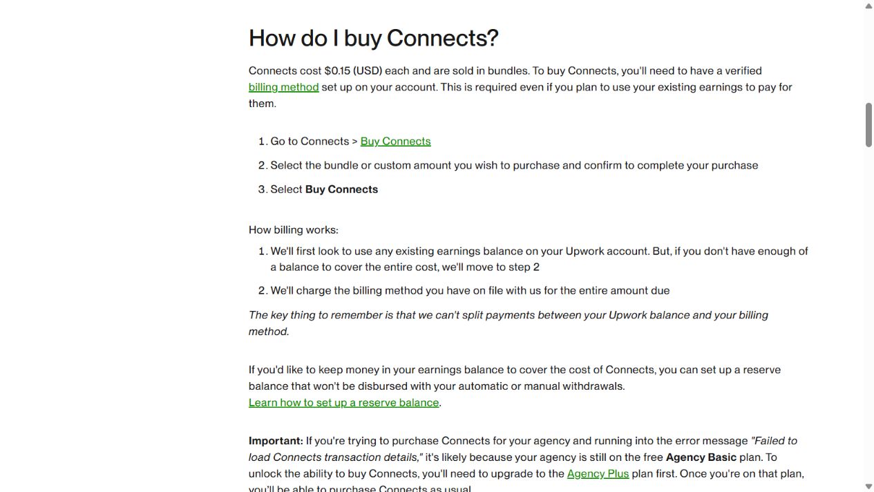 مركز مساعدة Upwork يوضح أن تكلفة Connect عند شرائه هي 0.15 دولار