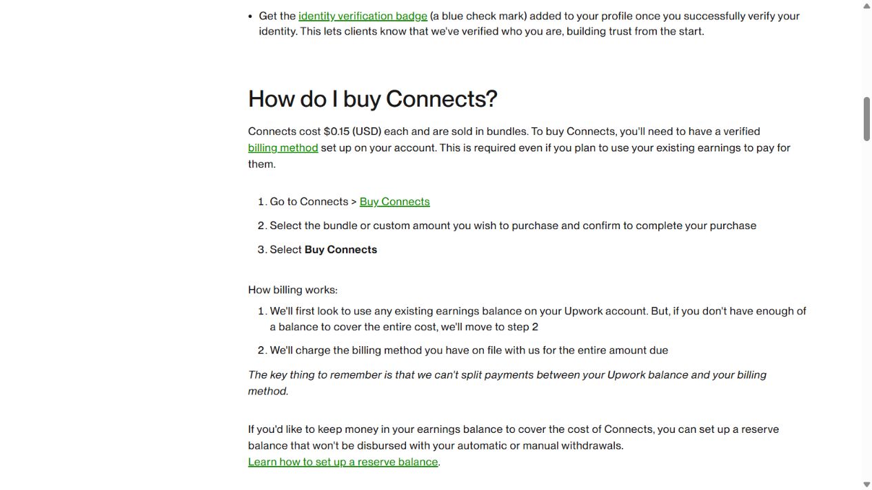 لقطة شاشة أصلية من مركز مساعدة Upwork تعرض تكلفة Connects عند الشراء 0.15 دولار للوحدة