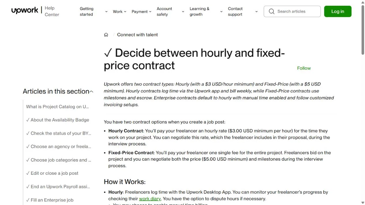 لقطة من مركز مساعدة Upwork توضح العقد بالساعة والعقد بالسعر الثابت