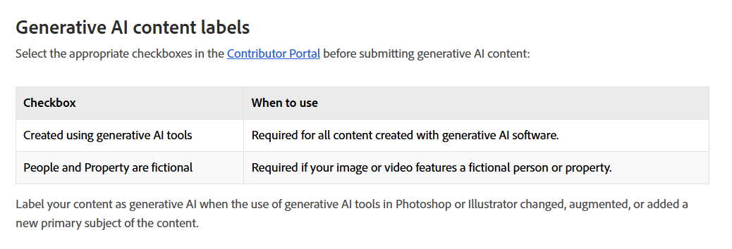 تعليمات Adobe Stock للإفصاح عن الصور والفيديوهات المولدة بالذكاء الاصطناعي، مع خيارات تحديد المحتوى المولد والأشخاص والممتلكات الخيالية.