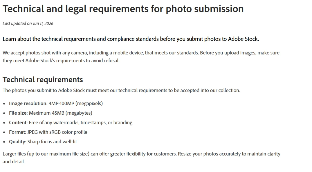 متطلبات قبول صور الهاتف في Adobe Stock، وتشمل دقة 4 إلى 100 ميجابكسل وصيغة JPEG بنظام sRGB وحجمًا أقصى 45 ميجابايت.