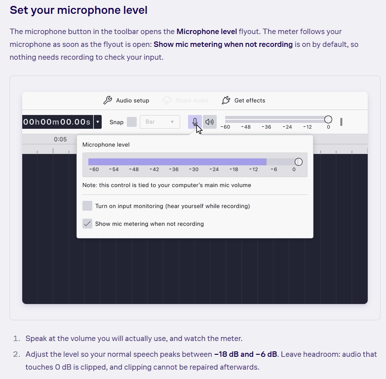 ضبط مستوى تسجيل الميكروفون في برنامج Audacity للتعليق الصوتي