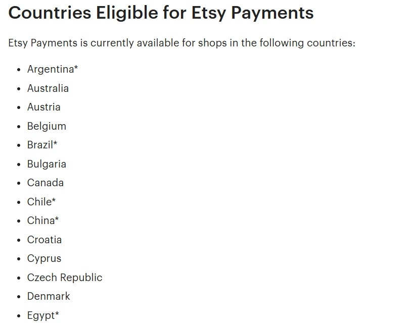 قائمة الدول المؤهلة لخدمة Etsy Payments في مركز مساعدة Etsy الرسمي، وتشمل مصر بعلامة النجمة.
