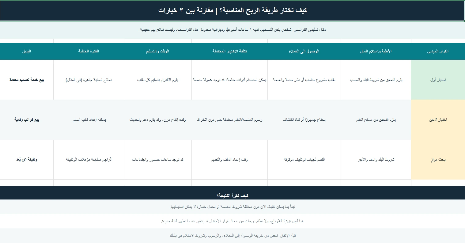 جدول مقارنة بين بيع خدمات التصميم والمنتجات الرقمية والعمل عن بُعد لاختيار طريقة الربح المناسبة حسب المهارة والوقت والتكاليف.