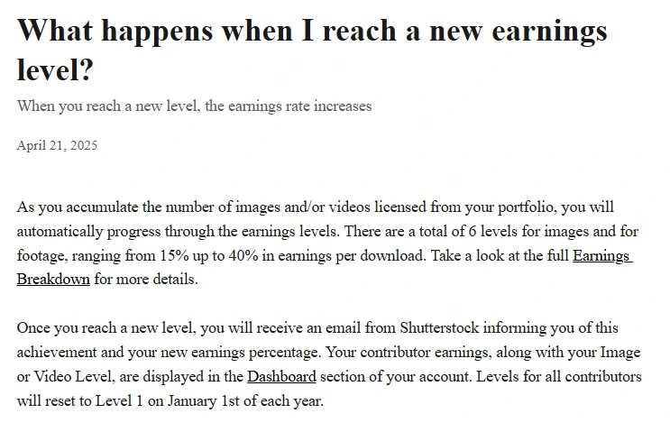 شرح مستويات أرباح المساهمين في Shutterstock الستة، من 15% إلى 40%، وإعادة ضبط المستويات إلى المستوى الأول في يناير من كل عام.