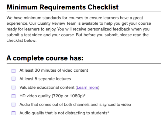 شروط نشر دورة تعليمية على Udemy تشمل 30 دقيقة فيديو وخمسة دروس منفصلة وجودة HD ومتطلبات الصوت.
